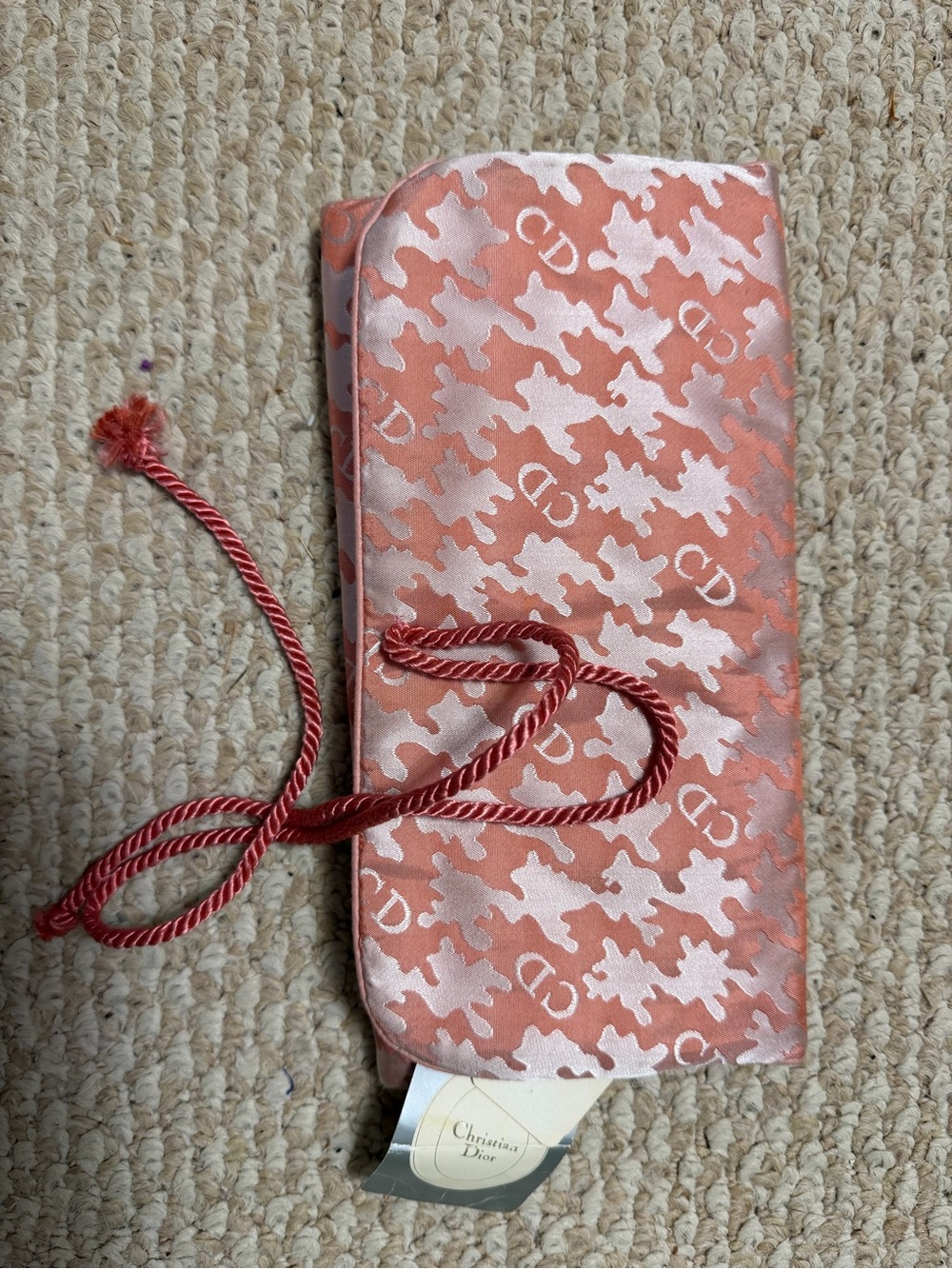 Dior Coral Pink Patterned Drawstring Pouch make up bag or jewelery bag